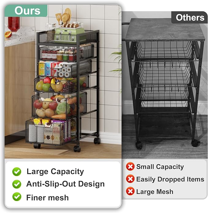 keomaisyto 6-Tier Kitchen Storage Cart with Top Basket & Drawers, Utility Fruit Vegetable Storage Rack on Lockable Wheels, Metal Rolling Snack Cart, Kitchen Organization for Potatoe Onion Can Spice