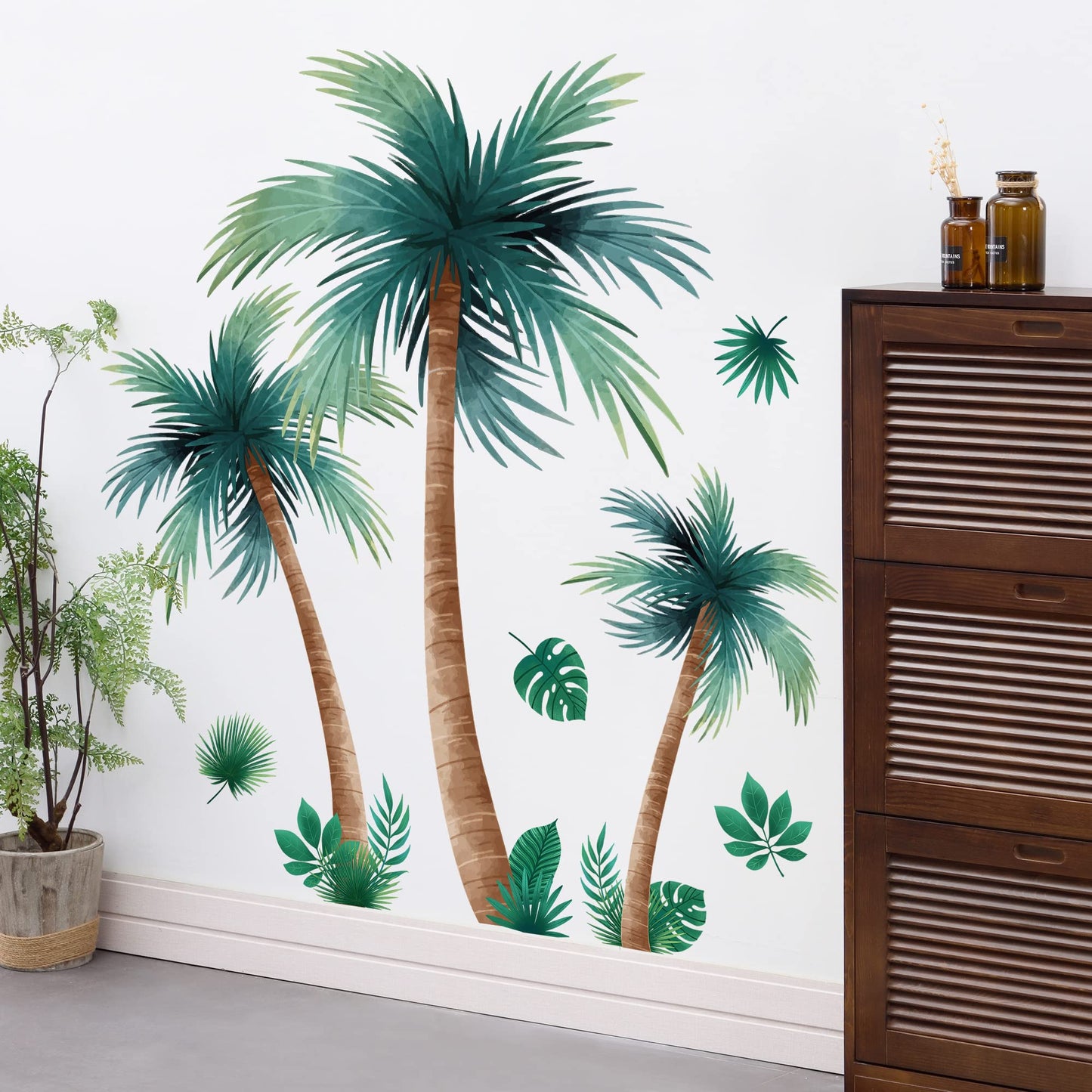 3D Removable Tropical Rainforest Wall Sticker Brown Tree Green Leaves Wall Decal DIY Peel and Stick Coconut Tree Wall Decor for Kids Girls Boys Bedroom Living Room Nursery Classroom Playroom