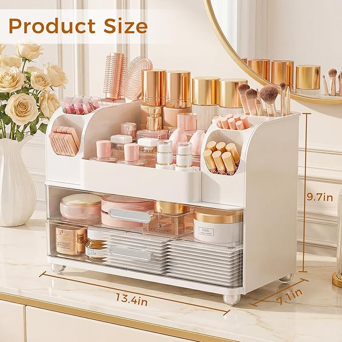 Makeup Organizer for Vanity with Drawers, Large Countertop Makeup Organizer - Skincare Storage, Brush Holder, Perfume & Cosmetics Display Case (White)