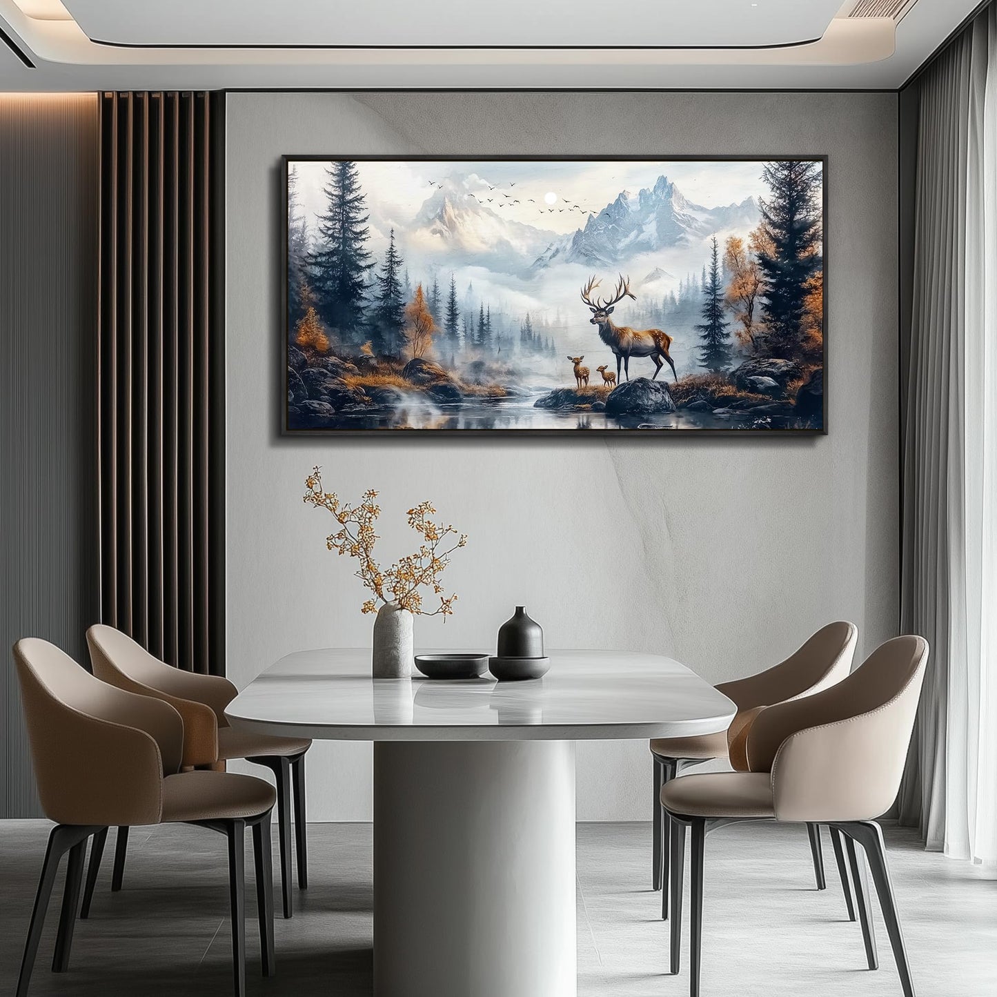 KELIYUAN Canvas Wall Art For Living Room Black Framed Wall Decor For Bedroom Office Prints Pictures Elk Foggy Mountain Landscape Painting Scenery Stretched and Framed Wall Art Home decor 20"X40"