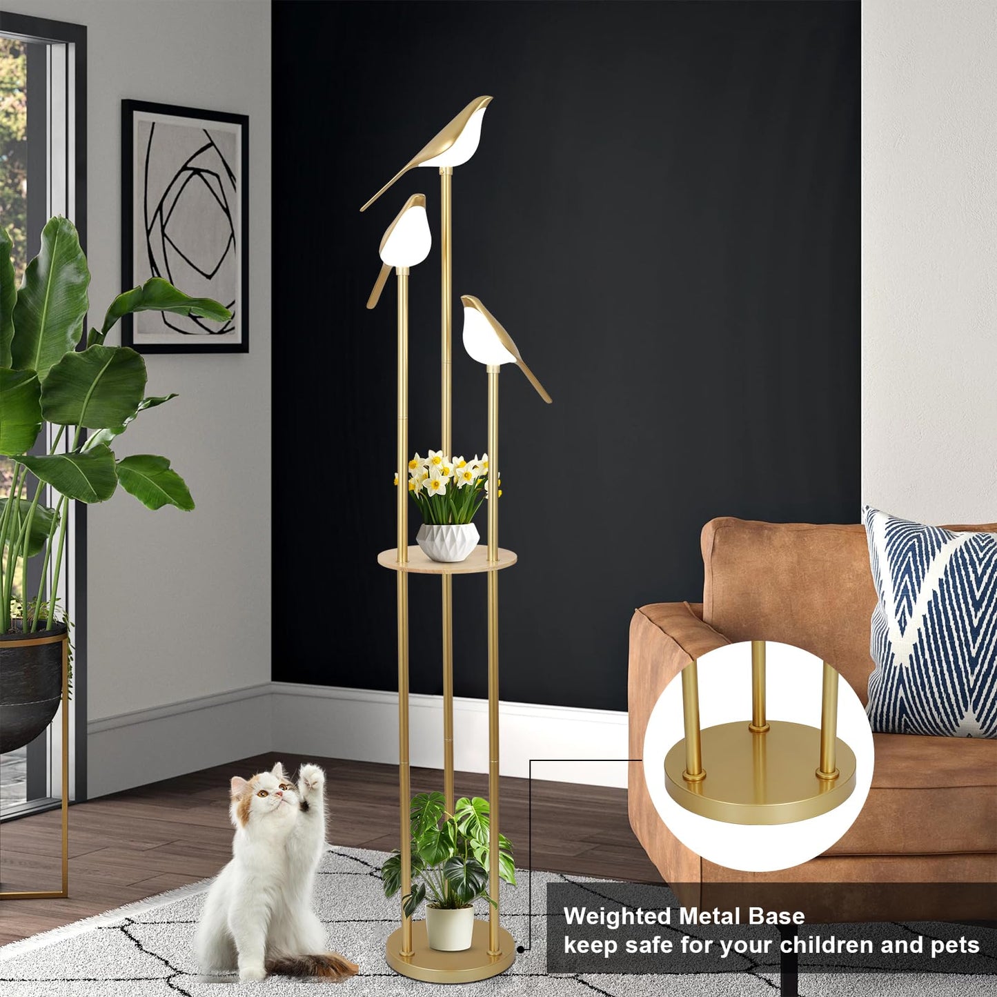 Gold Floor Lamps for Living Room, Modern Floor Lamp with Shelves, Mid Century Standing Lamp with 3 Adjustable LED Bird Lights, Corner Tall Lamp with Table, Brass Stand up Lamp for Bedroom Kids Room