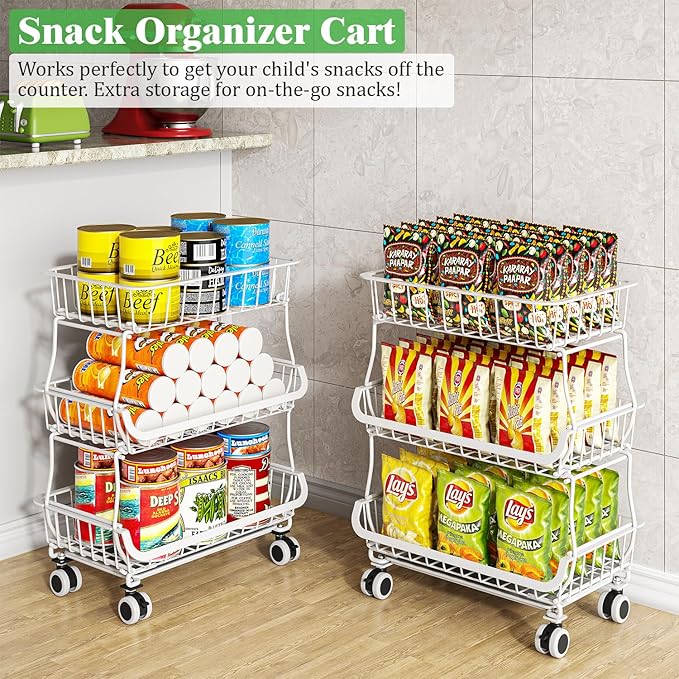 3 Tire Rolling Pantry Organizers and Storage Cart on Wheels | Metal Frame, Under Pantry Cabinet, Drip Tray, Storage for Snack, Potato, Onion, Produce, Can, Drink, Fruit and Vegetable