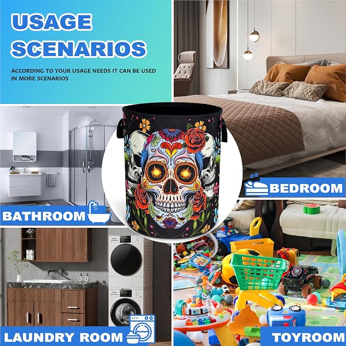 Sugar Skull Laundry Basket Skeleton Print Oxford Cloth Laundry Hamper With Handle Foldable Portable Clothes Storage Basket 18.9 X 16.5 In Storage Bag For Laundry Room/Bathroom/Bedroom/Dormitories