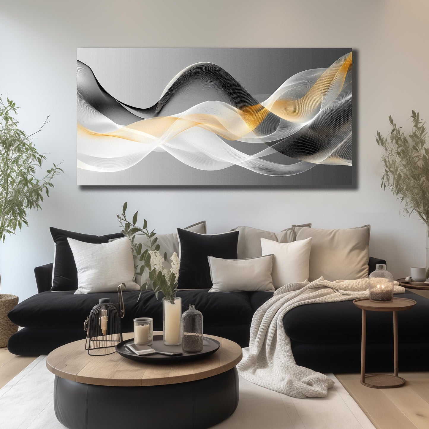 JuhaiArt Abstract Wall Art White Wall Decor for Living Room Office Large Black Canvas Art Picture Gold Artwork 29" x 59" Modern Prints