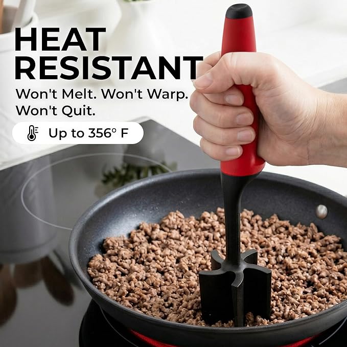 Zulay Kitchen Ground Beef Chopper Tool – 5-Blade Nylon Meat Chopper for Ground Beef, Non-Toxic Food Safe Meat Masher & Breaker, Heat Resistant to 180°C, Dishwasher Safe – Red