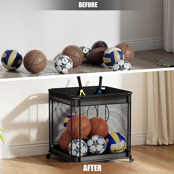 VOPEAK Oversized Rolling Ball Storage Cart with Lockable Wheels, Ball Storage Organizer with Mesh Basket, Sports Ball Rack for Indoor Outdoor, Metal Sports Equipment Organizer for Garage Gym School