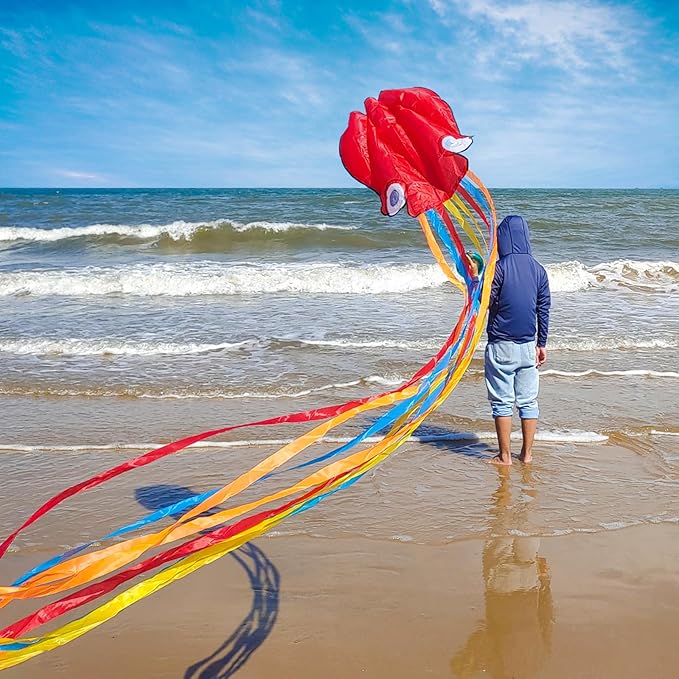 Octopus Kites for Kids & Adults Easy to Fly, 24”x 158” Large Soft Kite Kit for Boys and Girls, Single Line 3D Beach Kite Set for Teens,Perfect for Outdoor Activities