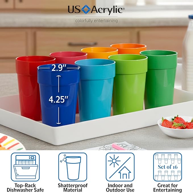 US Acrylic Spectrum Unbreakable Plastic 10 ounce Stackable Juice Tumblers in 8 Assorted Colors | Set of 16 Kids Drinking Cups | Reusable, BPA-free, Made in the USA, Top-rack Dishwasher Safe