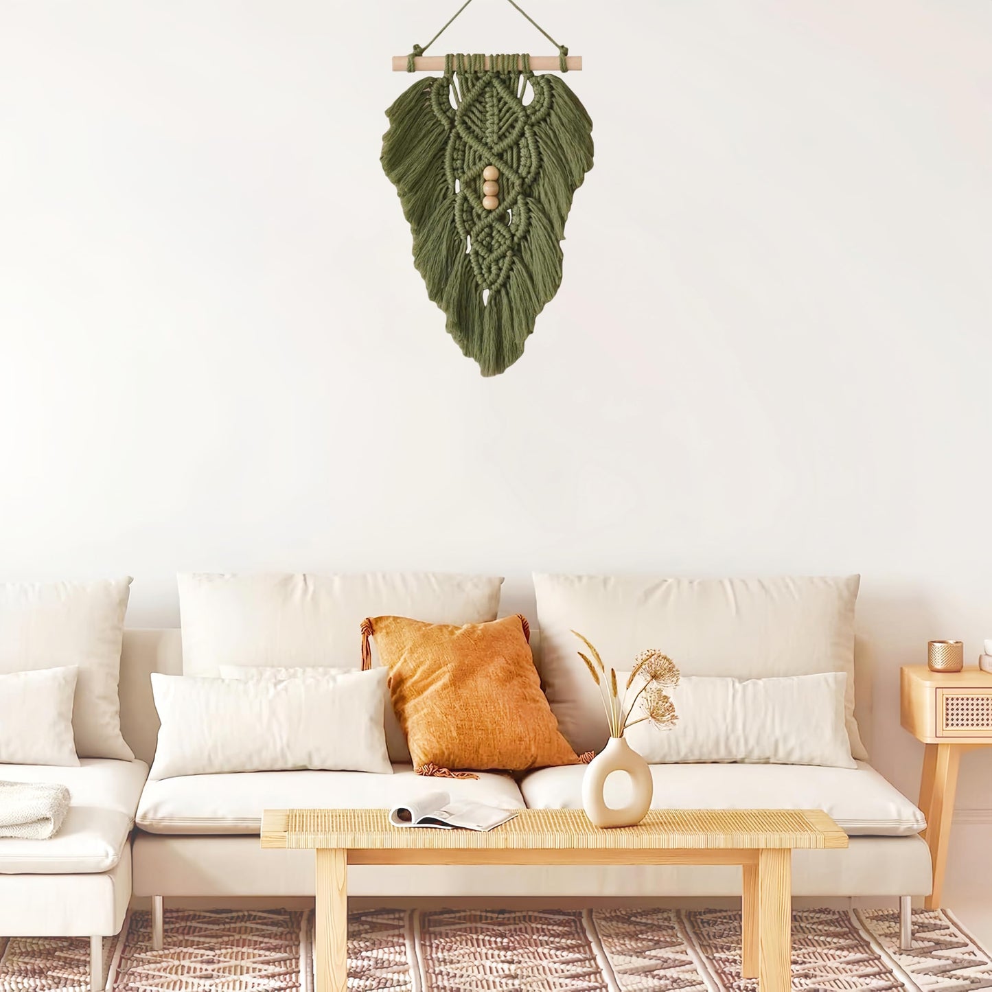Boho Macrame Wall Hanging Leaves,Green Woven Leaf Tapestry,Tapestry Bohemian Chic Wall Décor, Feather Walls Hanging Boho Decor for Dorm Home Bedroom Western Room Decoration Gift for Women
