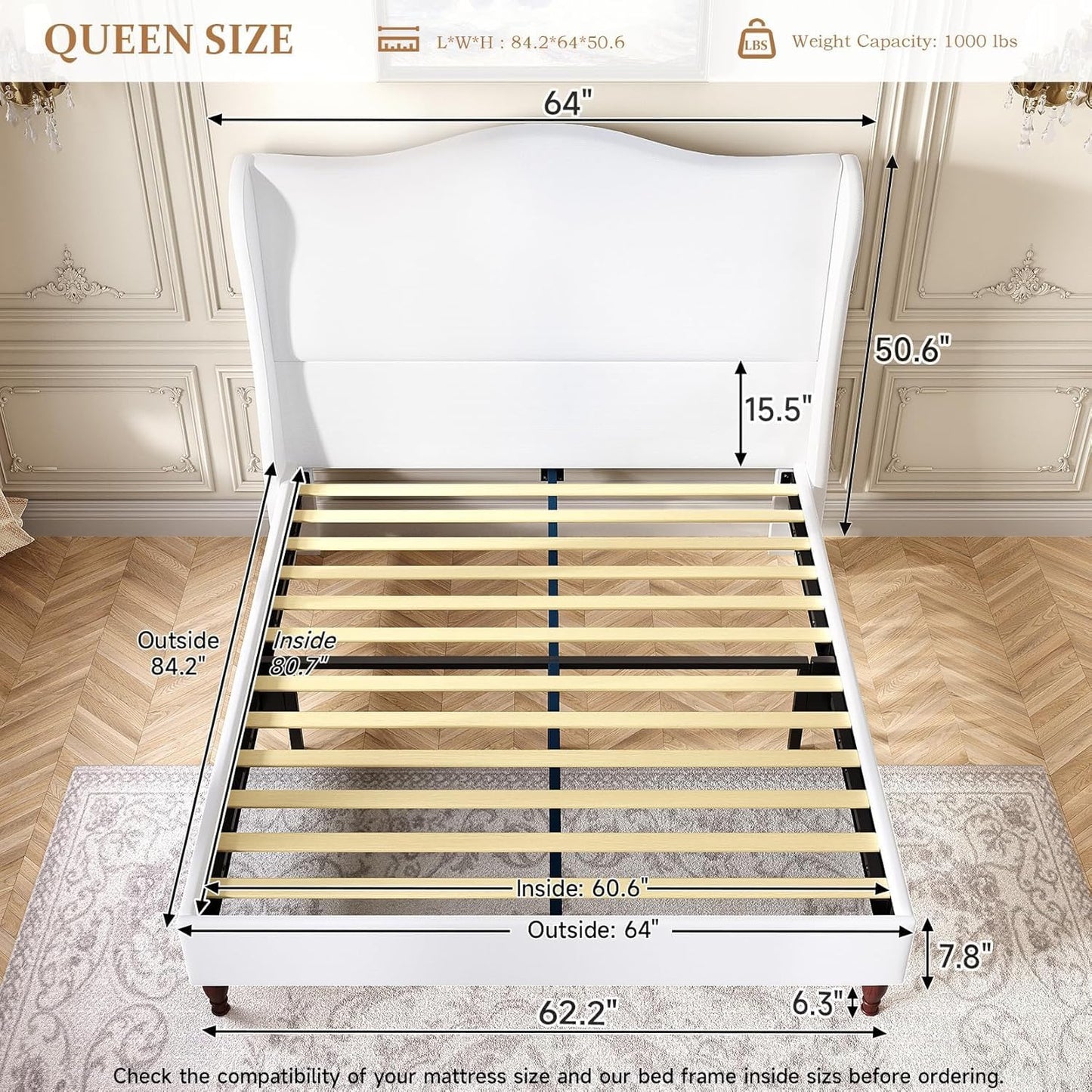 koorlian Queen Size Bed Frame with 51" Tall Headboard, Fully Upholstered Platform Bed Frame with with Soft Fabric, Sleigh Wingback, Solid Wood Retro Legs, Modern Minimalist Style, Easy Assembly, White
