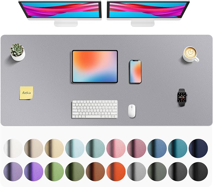 Aothia Faux Leather Desk Mat - Non-Slip PU Leather Desk Blotter, Waterproof Writing Surface, Large Desk Pad for Office & Home (Light Grey, 55" x 24")