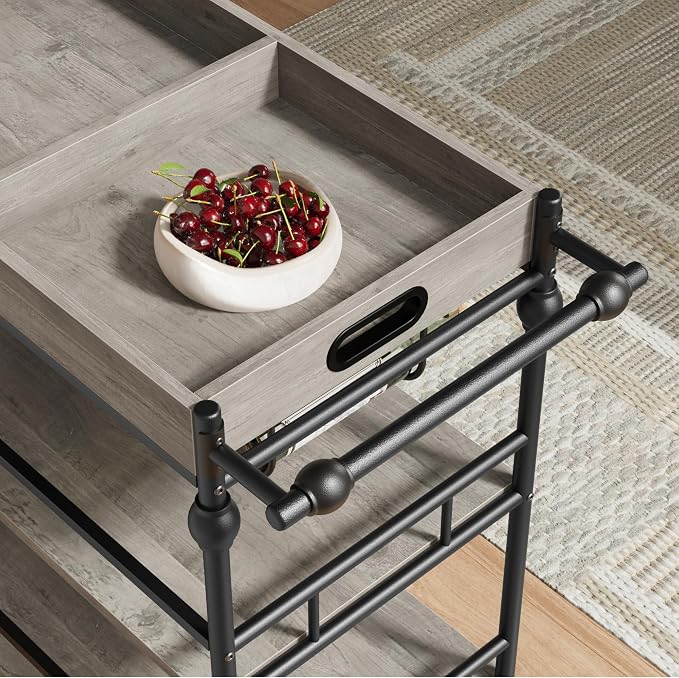 GarveeHome Bar Cart with Wheels, 3-Tier Serving Cart for Home, Mobile Rolling Beverage Cart with Wine Rack and Removable Tray for Kitchen, Dining, Living Room, 35.4" x 15.7" x 34.1", Grey