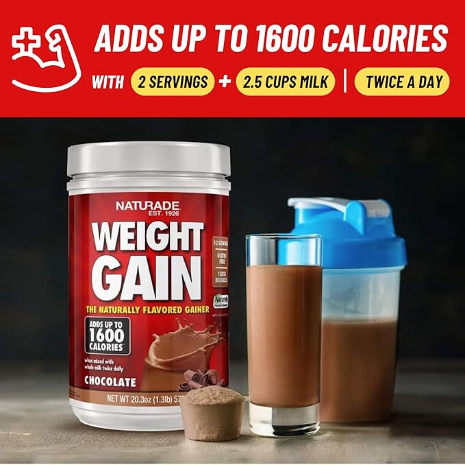 Naturade - All Natural Weight Gain Drink Mix - Gluten Free, Delicious Taste, 1600 Calories per Servings - Mass Gainer w/Carbohydrates & Protein - Chocolate, 20.3 Ounce (12 Servings).