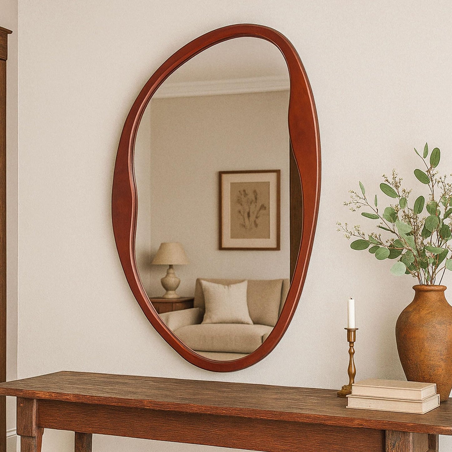 Fitous Asymmetrical Wood Mirror, Irregular Wall Mirror, Walnut Wooded Framed Wave Mirrors for Bathroom, Bedroom, Living Room, Entryway, Farmhouse Mid Century Modern Mirrors(36" H x 20" W)