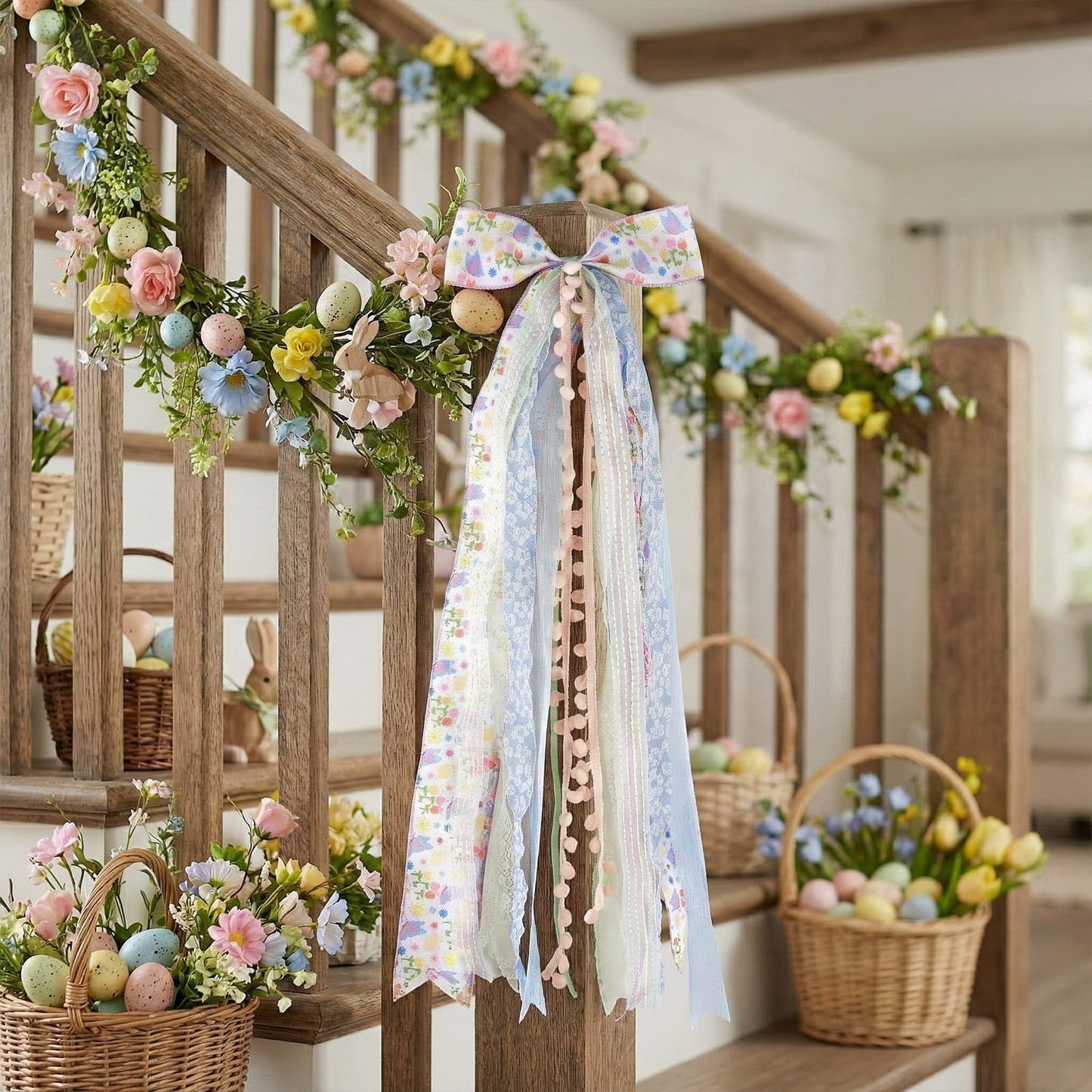 NUVCELKA Easter Door Bow with 8 Ribbons, 27.5" Spring Decoration Swag for Front Door Wreath Wall, Farmhouse Bow Decor with Pom-Poms for Home Holiday