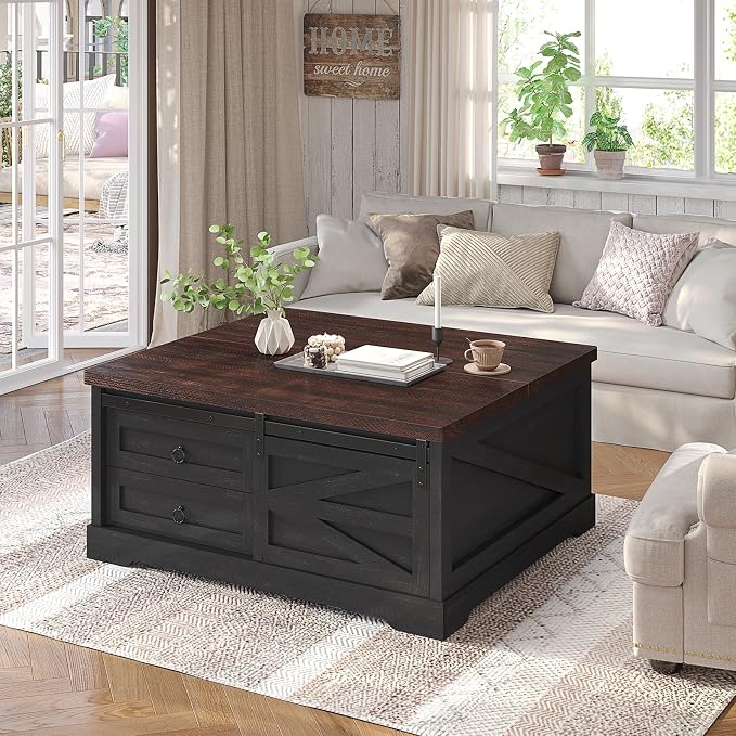 Itaar 39.4'' Lift Top Coffee Table with Storage, Farmhouse Coffee Tables for Living Room, Square Coffee Table with Large Hidden Compartment & 2 Drawers & Adjustable Shelves, Black+Walnut