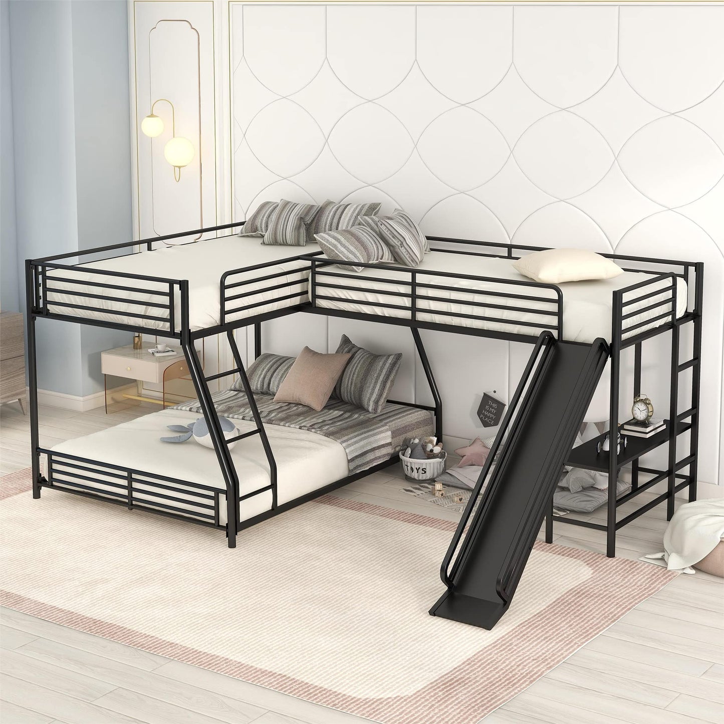 Acosure L-Shaped Twin Over Full Bunk Bed with Twin Size Loft Bed Frame Have Desk/Slide/Integrated Ladder/Full-Length Guardrails/Metal Slats Support/Easy to Assemble,for Adult Boy Girl,Black