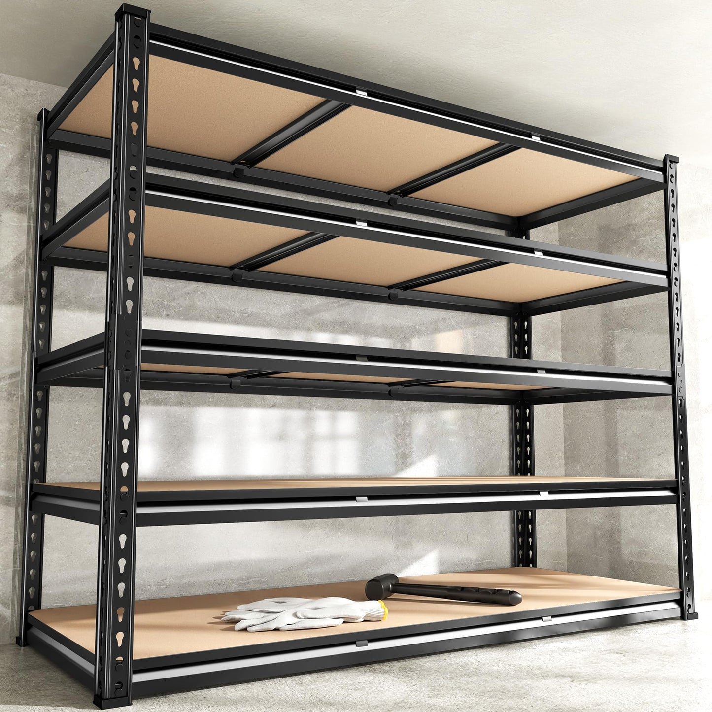 REIBII 48" W Garage Shelving 3080LBS Storage Shelves 5 Tier Industrial Shelving Adjustable Metal Storage Shelves for Garage, Basement, Warehouse, Commercial, Easy Assemble, 48" W x 72" H x 24" D
