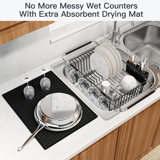 MAJALiS Dish Drying Rack Over The Sink with Utensil Holder, Mat | Expandable Stainless Steel Dish Drainer for Small Kitchen, Apartment, RV, Counter Space Saving, Perfect Fit, Rustproof