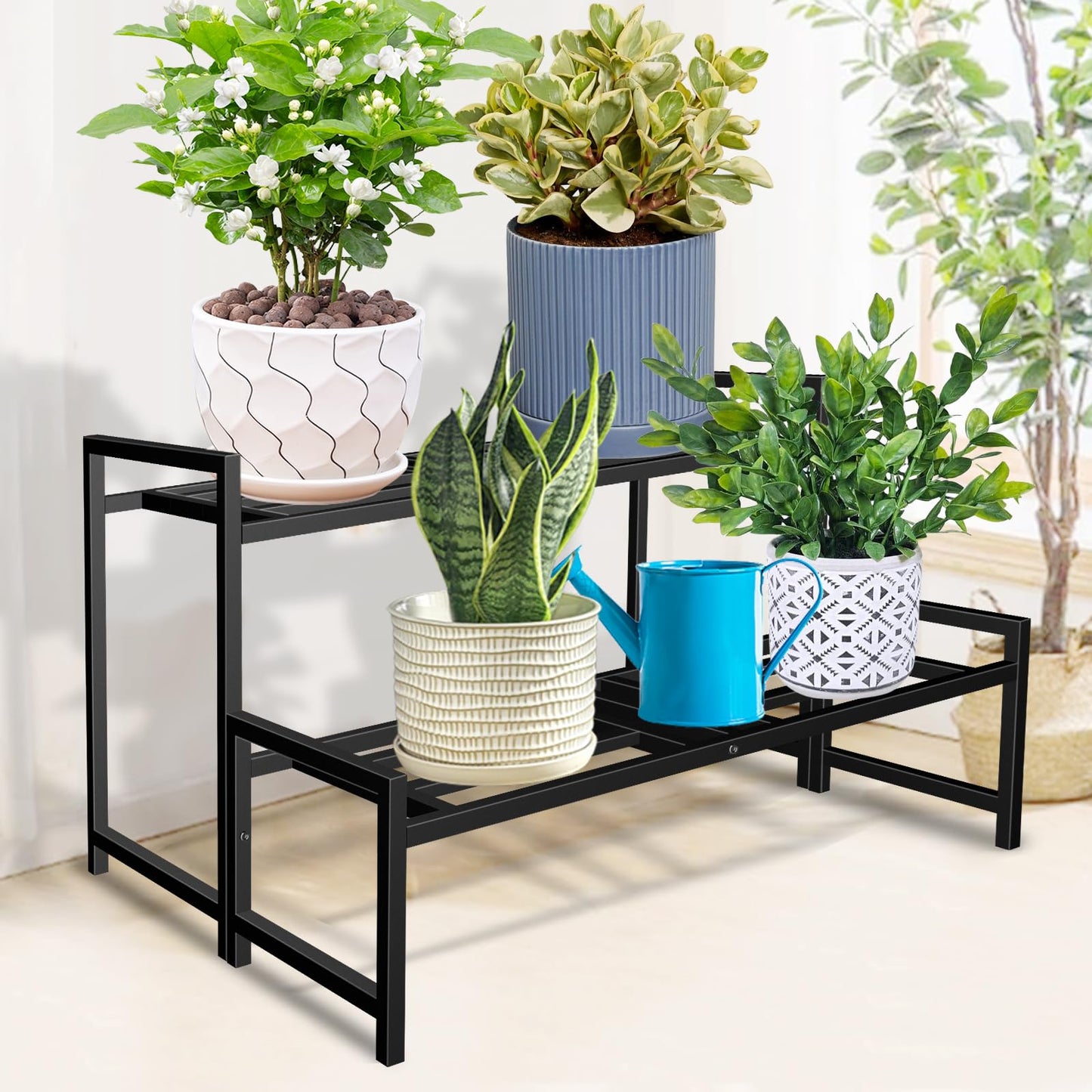 Lilybud--lily Plant Stand Indoor Outdoor, 2-Tier Wrought Iron Plant Stands, Stackable Metal Plant Shelf Decorative Outdoor Flower Stand Heavy Duty Pedestal Stands for Garden Deck Living Room, Black