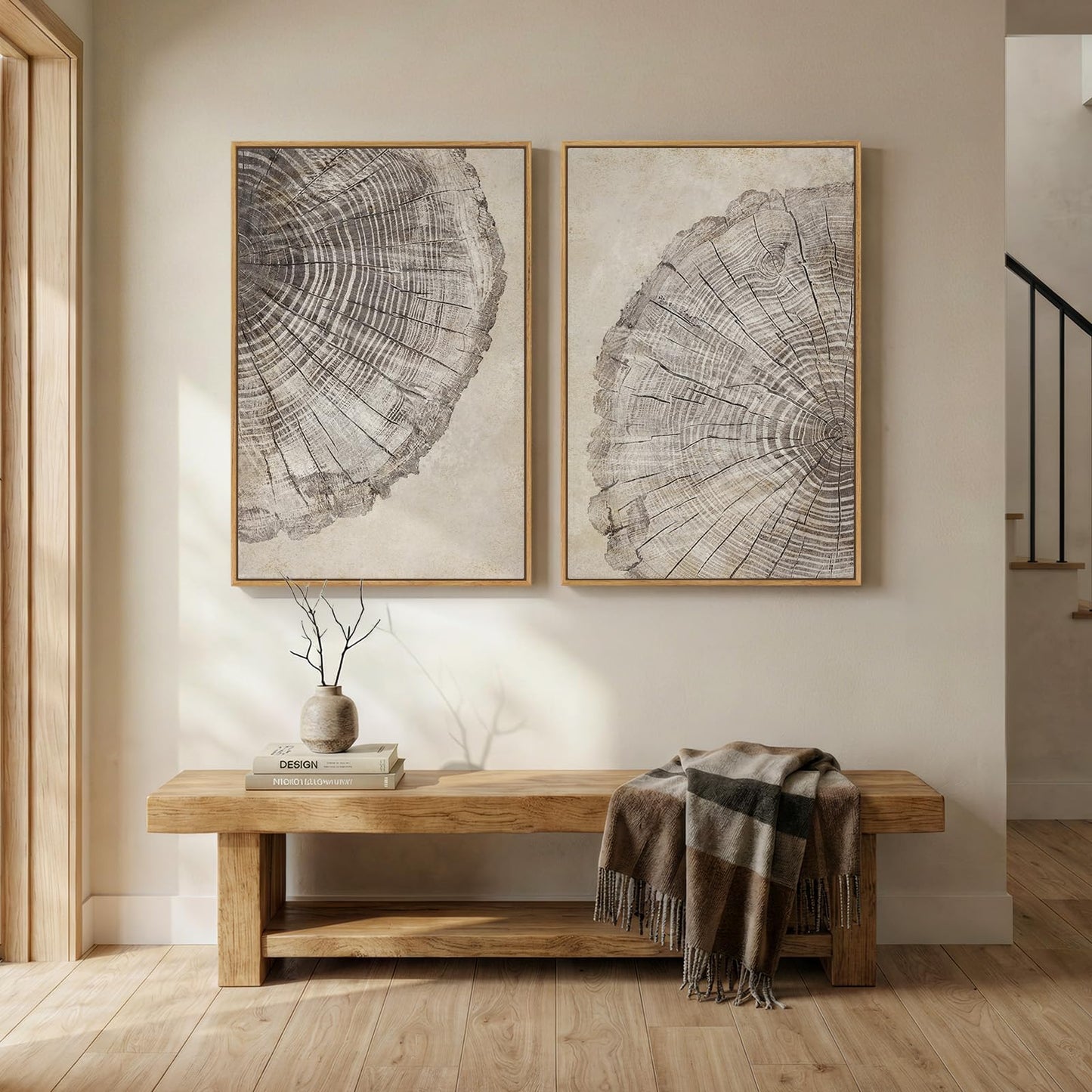 2 Piece Framed Neutral Tree Rings Wall Art for Living Room, Large Modern Wood Grain Canvas Prints Paintings, Farmhouse Nature Wabi Sabi Artwork Decor for Bedroom Hallway 24x36 Inch