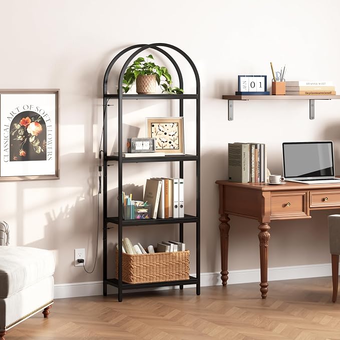 Yusong LED Bookshelf 4 Tier Arched Bookcase, 71.3" Tall Industrial Open Book Shelves for Living Room, Modern Freestanding Display Storage Rack with Metal Frame, Office, Bedroom, Black