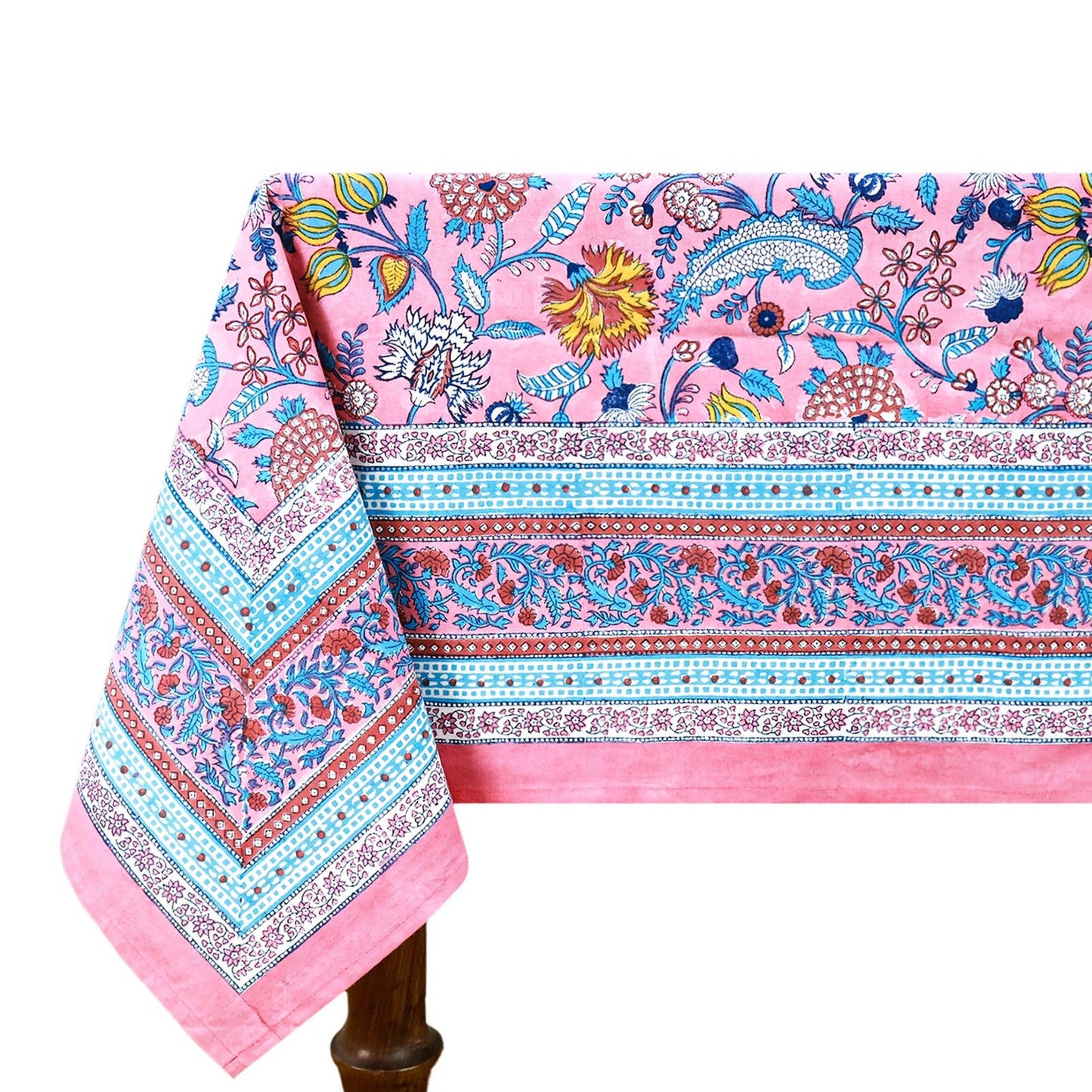 60x60 Inches Square Hand Block Printed Cotton Tablecloth, Pink Blue Floral Table Cloths Washable, Indian Table Linen for Valentine Thanksgiving Gifts Home Decor Dinning Outdoor