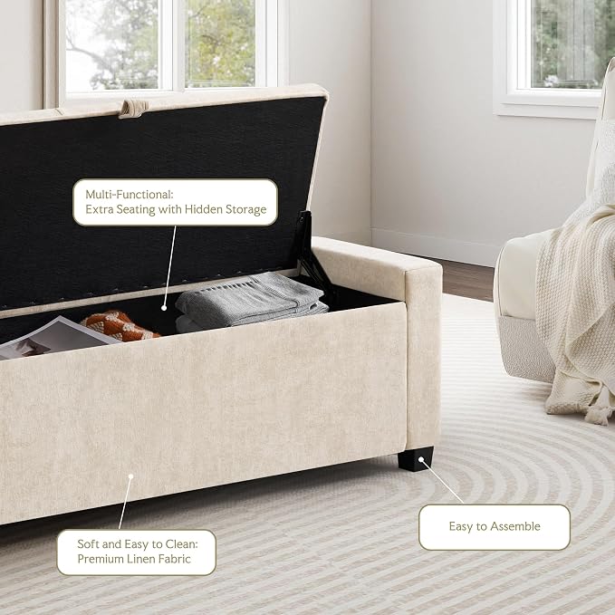 GRAINELL Storage Ottoman Bench, Upholstered Tufted Bedroom Bench with Storage, End of Bed Storage Bench for Living Room & Entryway, 350 lb Capacity, Linen Beige