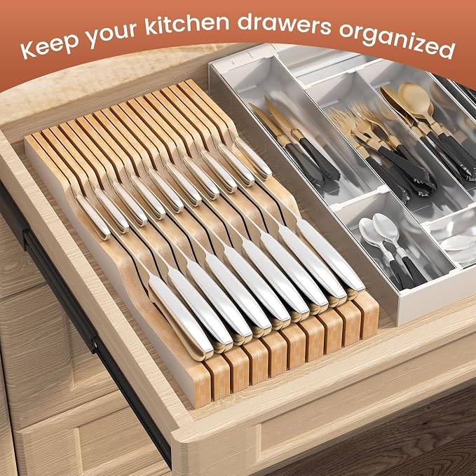 In-Drawer Knife Block Organizer - Bamboo Wood Drawer Knife Organizer-Protecting Knife Organizer Block (Not Included) (White, 19 Knives Dock)
