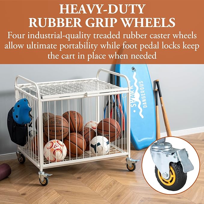 MyGift Large Capacity Metal Rolling Multi Sports Ball Cage Storage Hopper, Gym Equipment Basket Cart with Lockable Latch, Heavy Duty Caster Wheels, and 8 Accessory Hooks
