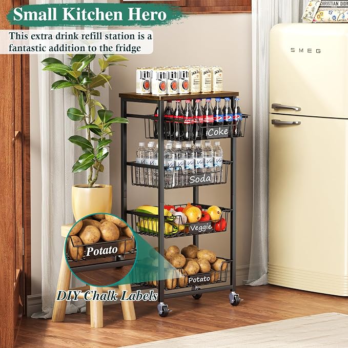 OKZEST Fruit Basket, 5-Tier Utility Kitchen Organizer and Storage Cart with Pull-Out Baskets and Wood Top, Rolling Pantry Kitchen Cart on Wheels for Fruit Potato Onion Vegetable Snack Produce