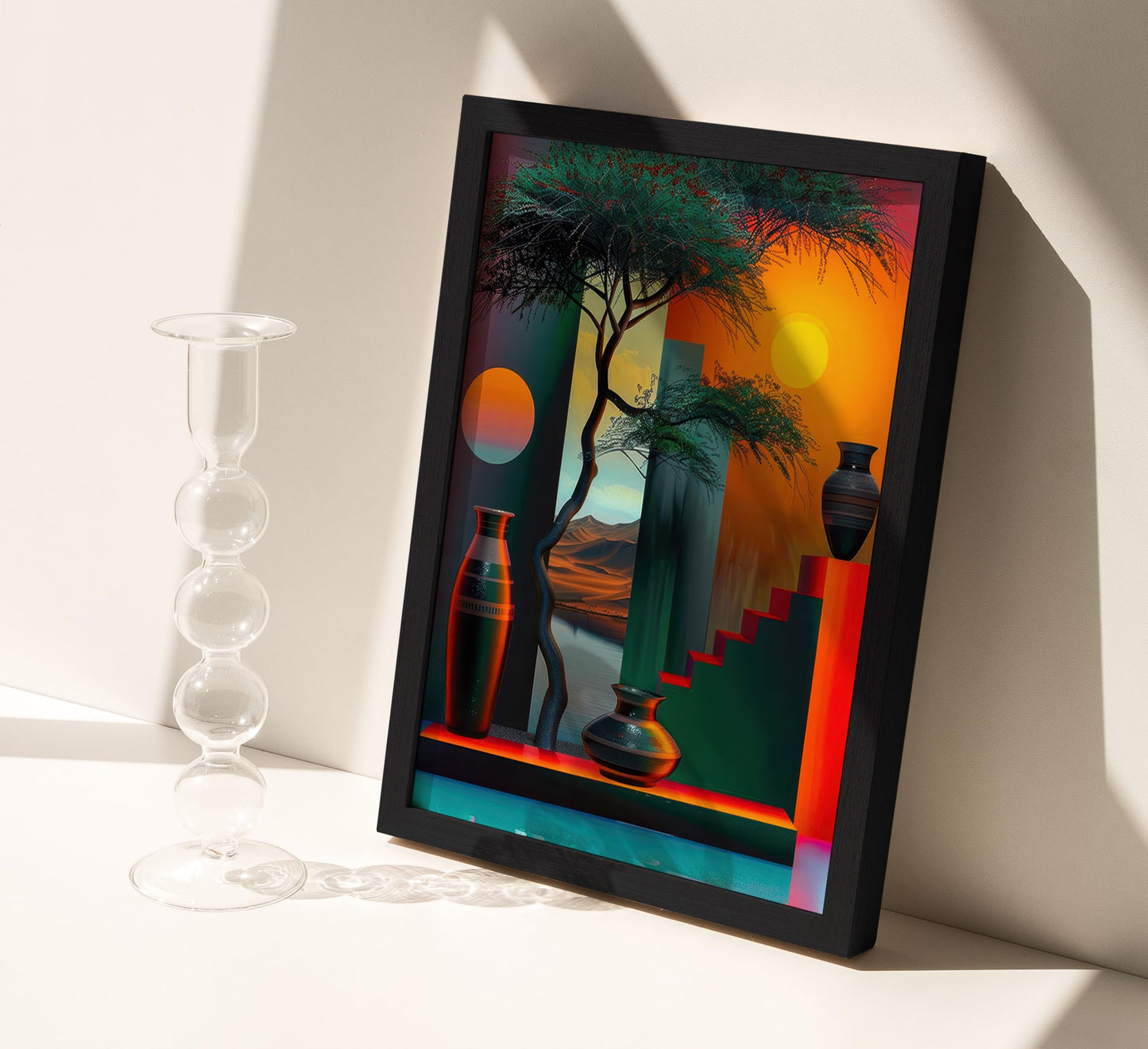 Black Framed African American Canvas Wall Art, Africa Modern Painting Picture Wall Decor, Afrocentric Tree And Vase Poster Print Artwork for Living Room Bedroom Office Home Decoration