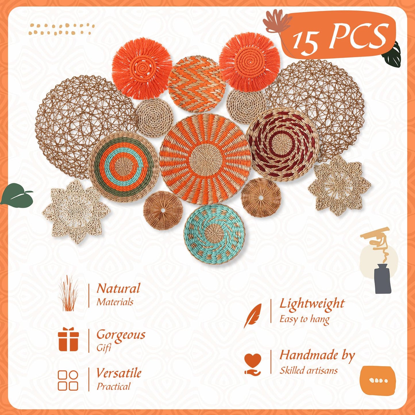 Anglechic 15 Pcs Boho Wall Basket Decor Woven Rattan Seagrass Wall Decor Hanging Rustic Farmhouse Western Art Decoration for Nursery Living Room Bedroom Home Kitchen(Orange Style)