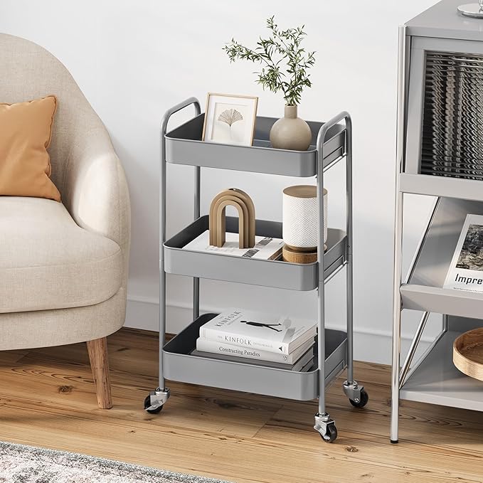 TOOLF 3-Tier Rolling Cart - Metal Utility Storage Organizer with Lockable Wheels, 33 lbs Per Shelf, Tool-Free 5-Min Assembly, for Kitchen Bathroom Office Nursery Craft Room, Grey