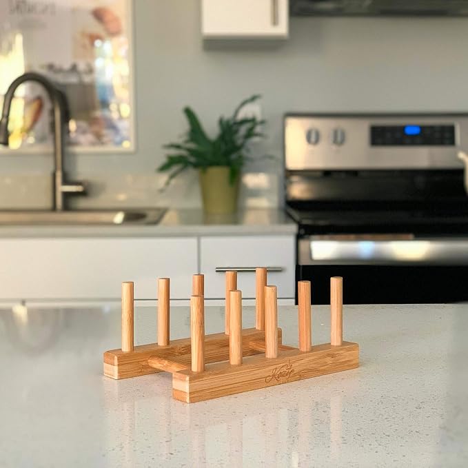 KOZY Dish Drying Rack Handmade Dishware Plate Holder Natural Bamboo Drainer Stand - Wooden Finish- Holds Plates Bowls Mugs Cups Cutting Board (Natural Bamboo- Plate Holder)