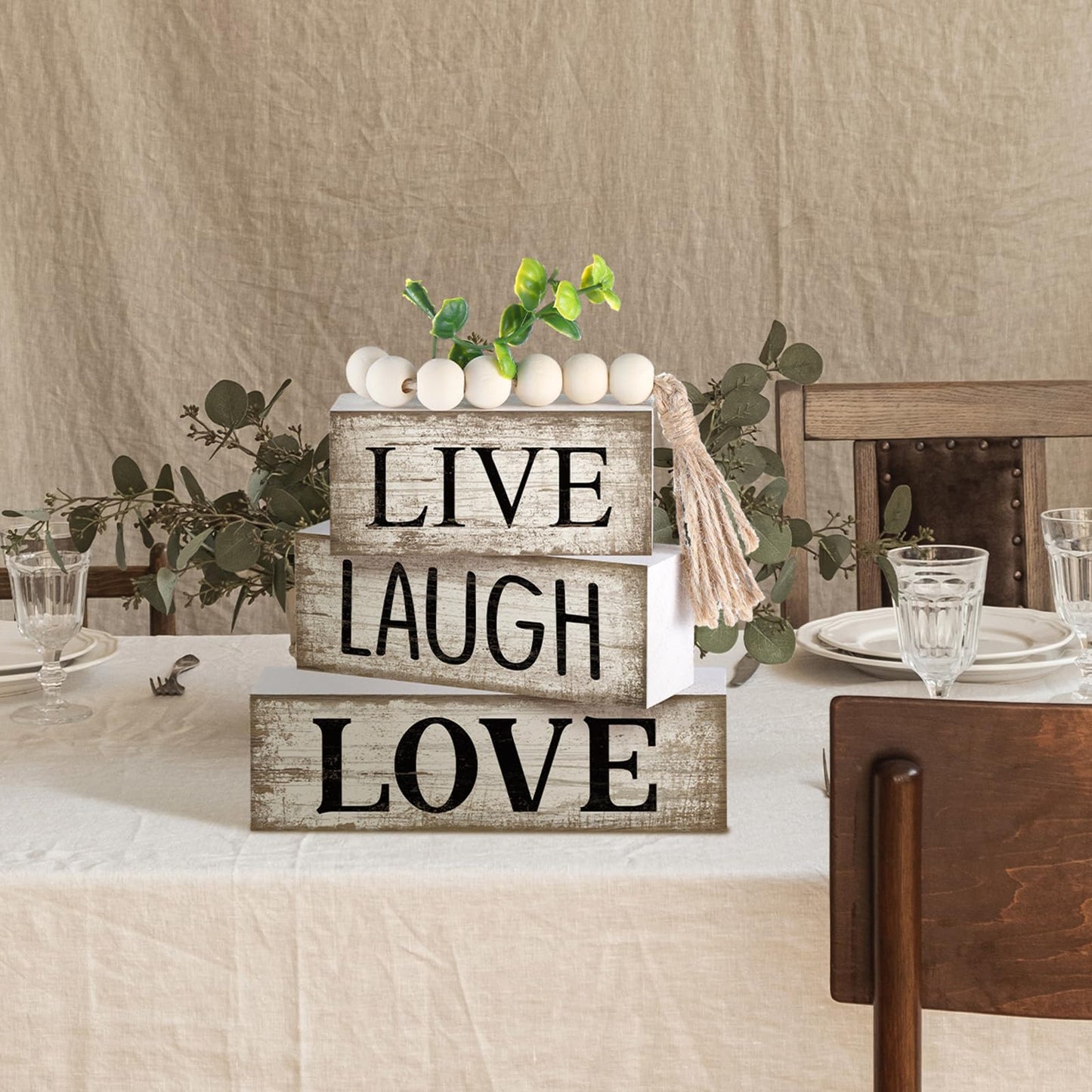 Yuntau 5 Pcs Rustic Farmhouse Tiered Tray Farmhouse Fake Books Decoration Life Laugh Love Wooden Tabletop Decor Love Block Decor Wood Block Sign Gift Centerpiece for Shelf Coffee Mantle Kitchen Table