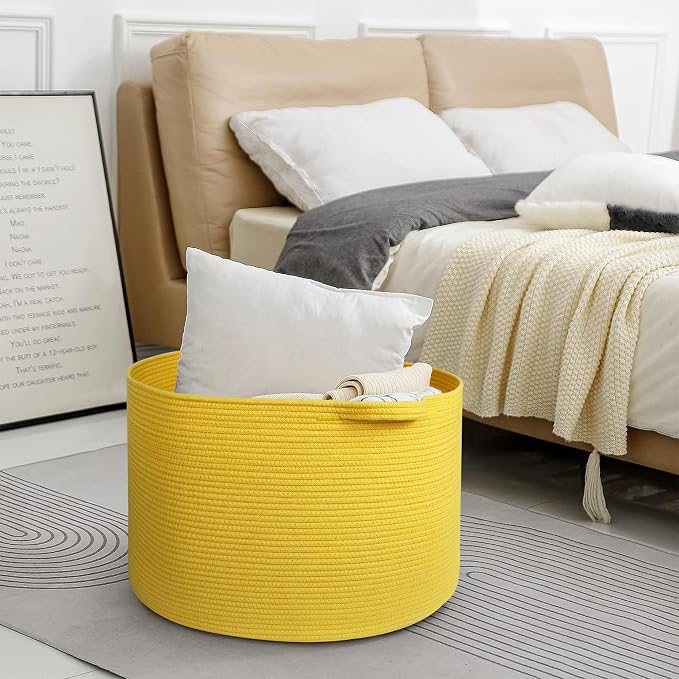 MEGASKET Extra Large Yellow Basket, 22” X 22” X 14” Cotton Rope Yellow Decor for Living Room Bedroom, Woven Basket for Blanket, Laundry, Towel, Shoe, Baby Nursery Toy Organizer, Room Decor Storage Bin