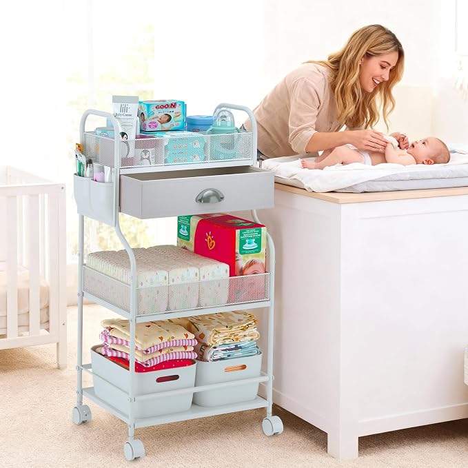 Baby Diaper Caddy Cart Organizer -3 Tier, Bedside Nursery Essentials Organizer & Storage Holder for Newborn Baby Stuff, 2+1 Dividers, 1 Drawer,Rolling Utility Cart for Bedroom,Changing Table, Crib.