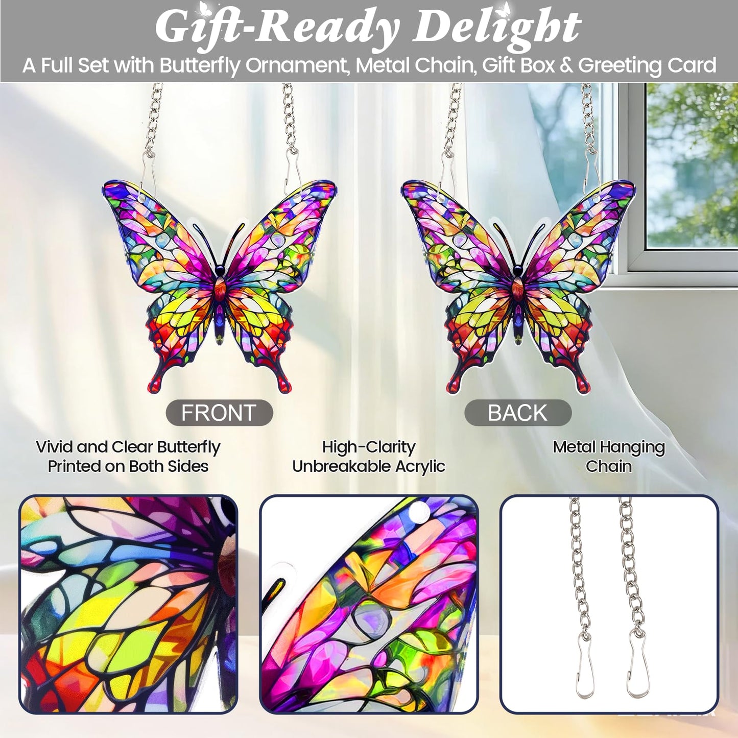 Butterfly Gifts for Women, Butterfly Ornaments Suncatcher Acrylic Decorations Stained Glass Effect Window Hanging with Chain 2026 Inspirational Butterflies Sun Catcher Decor for Christmas Tree