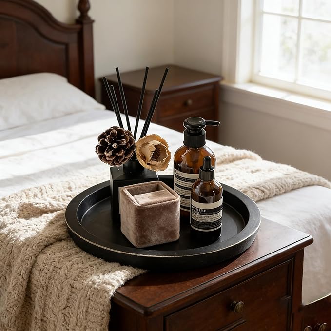 11 Inches Round Wooden Tray Decor,Black Decorative Trays for Home Decor,Round Wood Tray for Coffee Table Candle Holder Vintage Table Farmhouse (Black)
