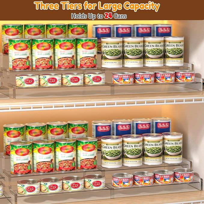 Yecuip Expandable Can Rack Organizer for Pantry, 3-Tier Adjustable Can Storage Holder, Holds Up to 24 Cans, Acrylic Canned Food Organizer for Pantry, Cabinet, Countertop, Kitchen