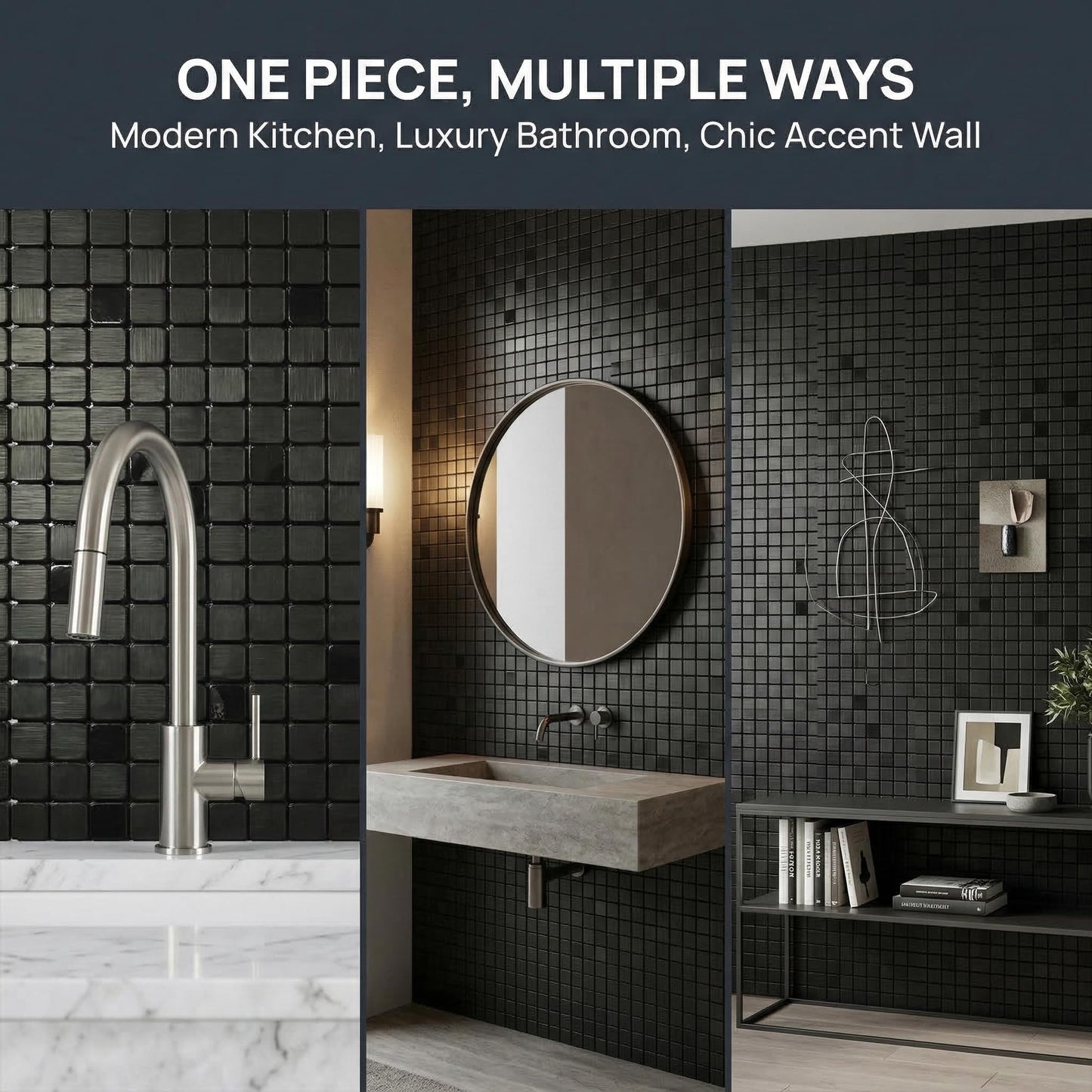 sanyeskkiy 10pcs Matte Black Mosaic Wall Stickers - Peel & Stick Waterproof Backsplash, Non-Slip Heat-Resistant DIY Stickers, Easy Cutting, Shower/Bathroom/Kitchen Cabinets (10, Brushed Black 1)