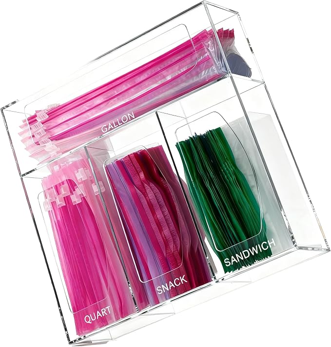 SEANADO Acrylic Zip Bag Storage Organizer, Bamboo Baggie Organizer Dispenser for Kitchen Drawer and Wall Mount，Compatible with Gallon, Quart, Sandwich & Snack Variety Size Bag(Clear)