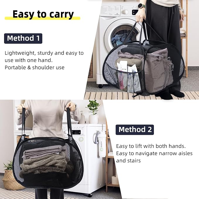 Collapsible Laundry Basket, 90L Foldable Pop-up Laundry Hamper with Handles, Mesh Dirty Clothes Hamper for Laundry, Bathroom, Kids Room, Dorm,Travel or Camping (Black)