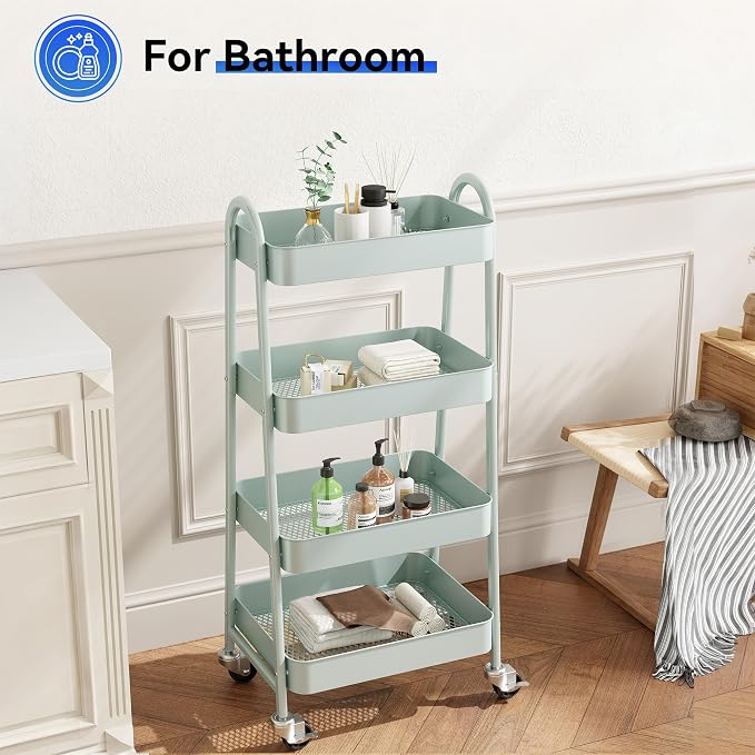 OLIXIS Metal 4 Tiers Utility Rolling Cart, Mobile Storage Shelf with Lockable Caster Wheels, Organization for Livingroom, Bathroom, Kitchen, & Narrow Places, 4-Tier Green