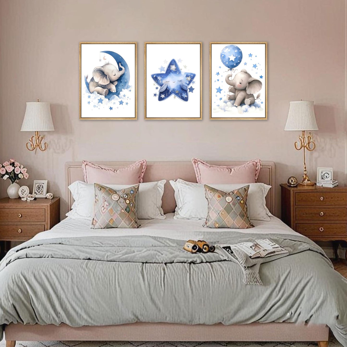 3Pcs Blue Nursery Elephant Canvas Wall Art Baby Boy Wall Decor Cute Animal Painting Pictures Moon And Stars Balloon Poster Prints for Nursery Classroom Kids Room Bedroom Home Decoration 12X16unframed