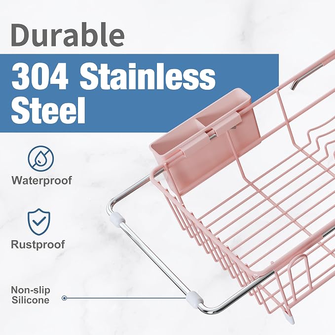 JASIWAY Pink Dish Drying Rack in Sink, Expandable Stainless Steel Dish Drainers for Kitchen Counter, Dish Dryer Rack for Inside Sink, Over The Sink Dish Racks with Utensil Holder