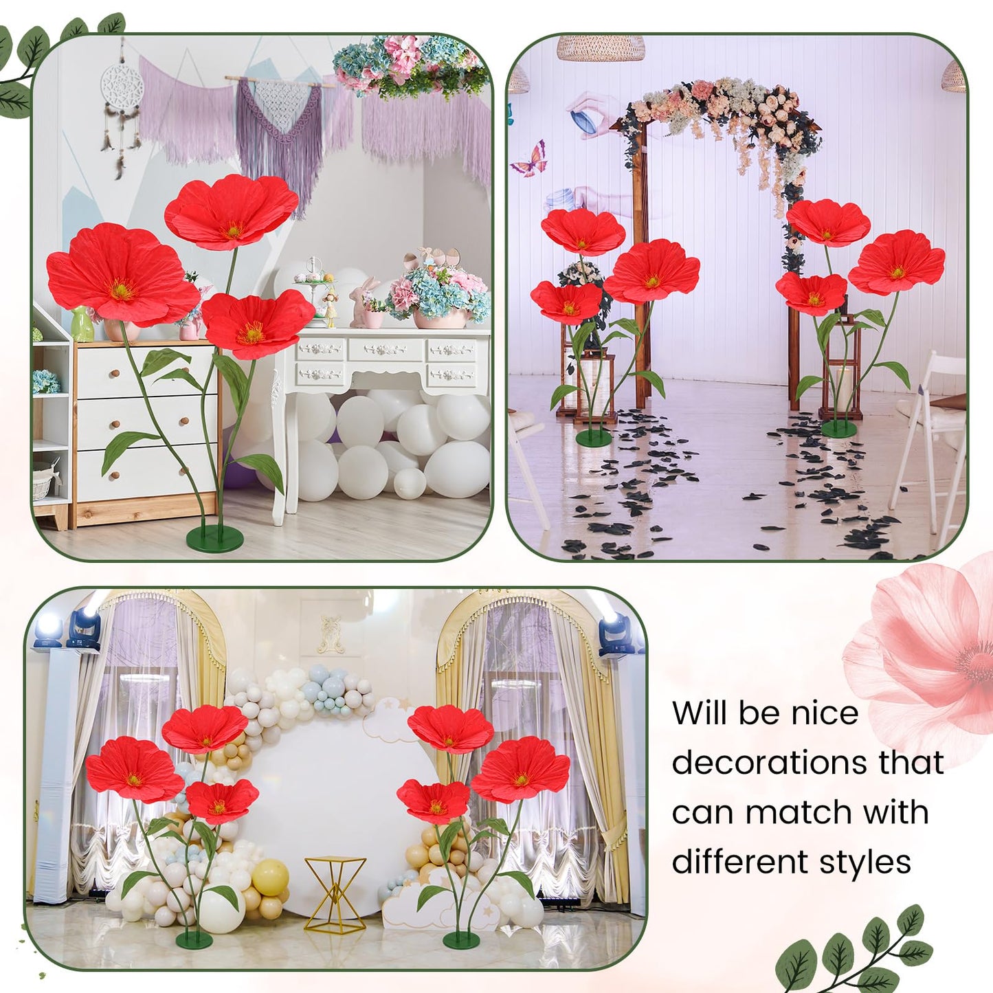 Rivvlive 6ft Red Giant Flowers for Decoration with Stand, Large Artificial Silk Poppy, Handcrafted Large Flower for Garden Wedding Party Photography Props Hotel Office Art Gallery Window Display