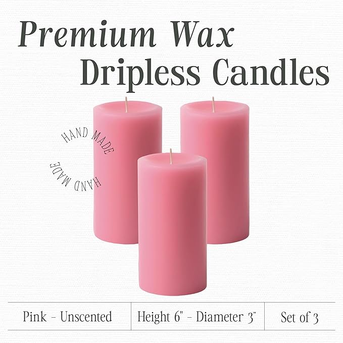 Mister Candle Dripless Unscented Pillar Candles, Set of 3 Hand Poured Pink Pillar Candles, Solid Color Non-Scented Candles for Home Decor, Premium Wax, 80 Hr Burn Time, 3x6 Inch