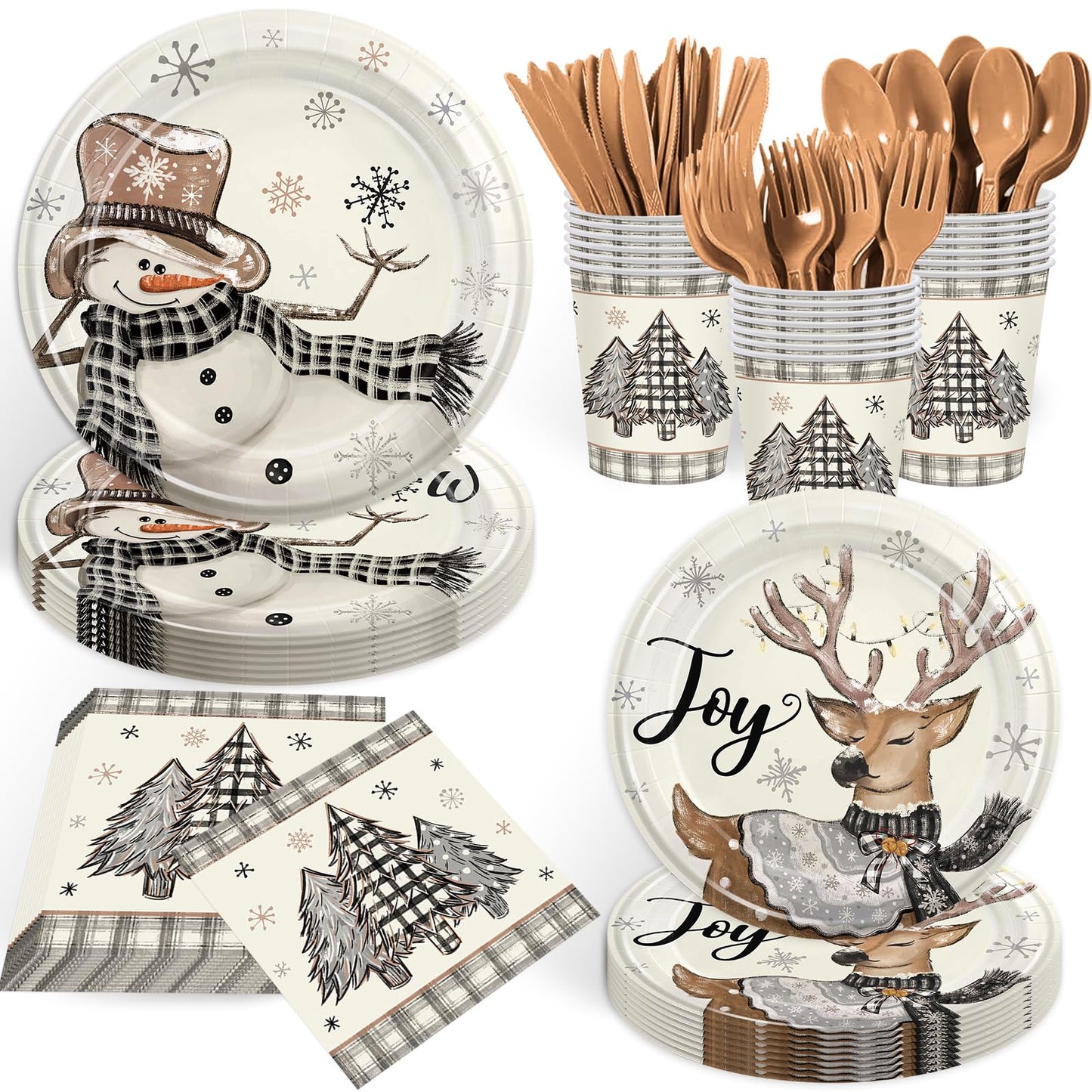 168PCS Snow Party Supplies Winter Holiday Party Decorations Paper Plate Cup Napkin Forks Knives Tableware Serves 24